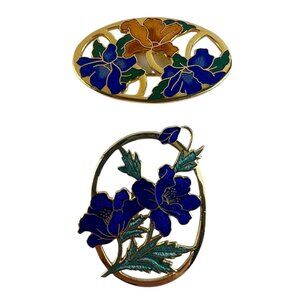 Vintage Fish Enterprises UK Fine Enamels Cloisonné Brooch Lot Floral Gold Blue